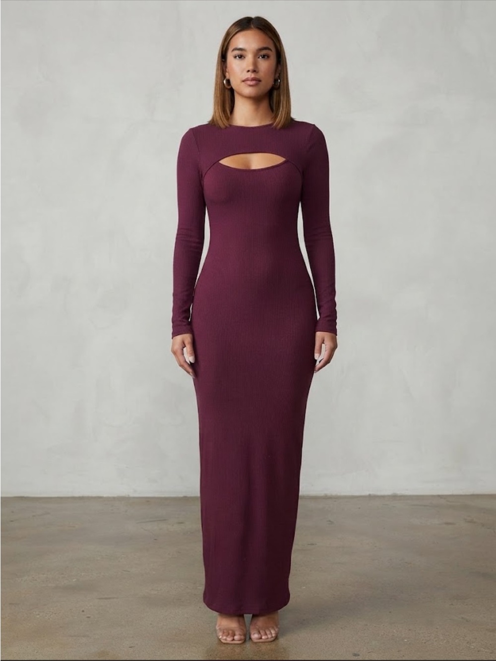 Long-Sleeve Cutout Maxi Dress in Plum